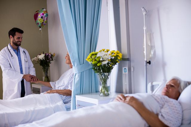 Male doctor examining senior female patient in hospital ward. Ideal for healthcare, medical care, patient recovery, and hospital-related content. Useful for illustrating doctor-patient interactions, elderly care, and hospital environments.