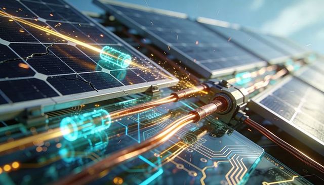 Joining copper busbars and clamps on solar panels, displaying battery icons and sparks