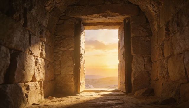 Standing Open Double Wooden Doors Framing Golden Sunset Over Distant Hills