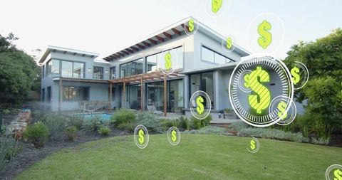 Modern luxury two-story home backyard with pool and floating dollar symbols representing value