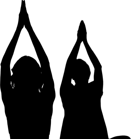 Transparent silhouette of women with raised arms in cheerful pose