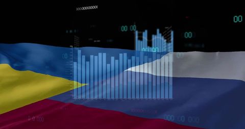 Financial data overlay on russia and ukraine flags