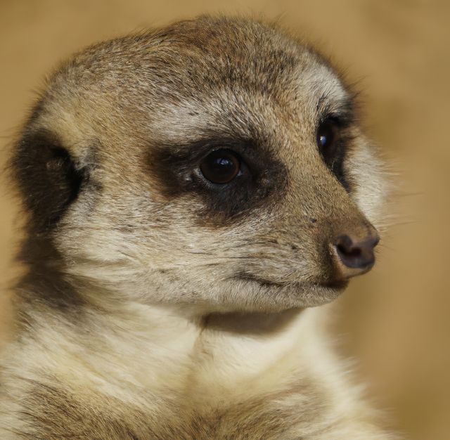Ideal for use in nature documentaries, wildlife magazines, educational materials, animal-themed products, and conservation campaigns. The image features an alert meerkat in close-up detail, highlighting its facial features and fur texture against a simple brown background.