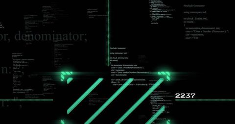 Glowing teal diagonal bars crossing neon vertical line with floating code hud 2237