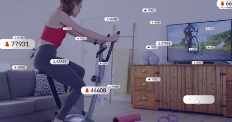 Woman exercising at home with digital media overlays
