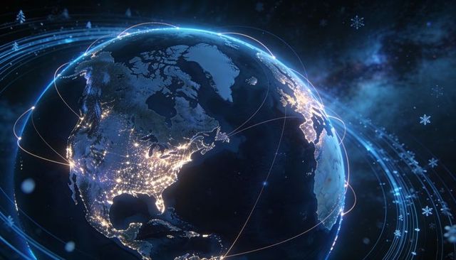 Global digital connectivity globe with night lights and flowing data arcs in space orbit
