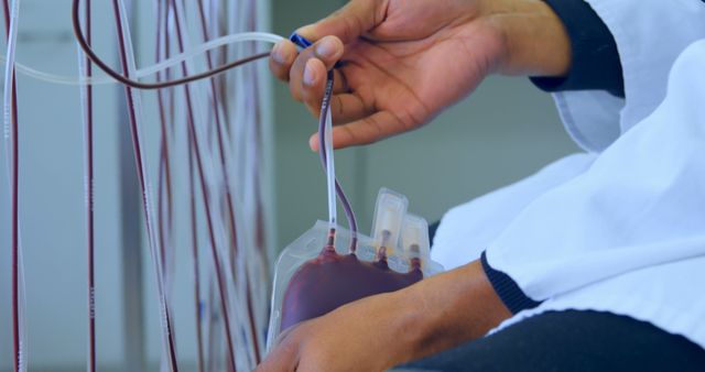 Medical professional wearing white coat holding blood transfusion equipment. Close-up of hands involved in the transfusion process with visible tubes and blood bags. Useful for medical articles, healthcare illustrations, or educational materials related to blood transfusion procedures.