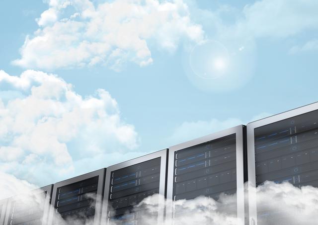 Servers with a beautiful sky background representing cloud computing and data storage. Ideal for illustrating modern technology, data centers, and internet services. Can be used for tech blogs, presentations, and marketing materials about cloud technology and digital transformation.