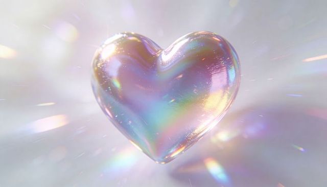 Floating iridescent glass heart glowing with rainbow prism light over soft pastel bokeh