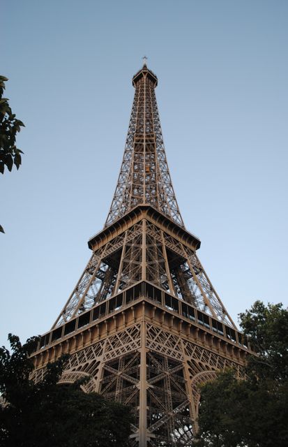 Capturing the Eiffel Tower from a low angle in the evening light, surrounded by trees with a clear sky. Ideal for travel-related content, promotional materials for tourism in Paris, and articles highlighting iconic landmarks in Europe.