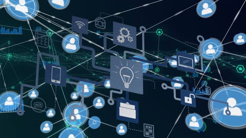 Digital Network and Communication Icons with Flow Chart Animation