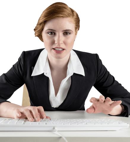 Transparent redhead businesswoman typing at desk