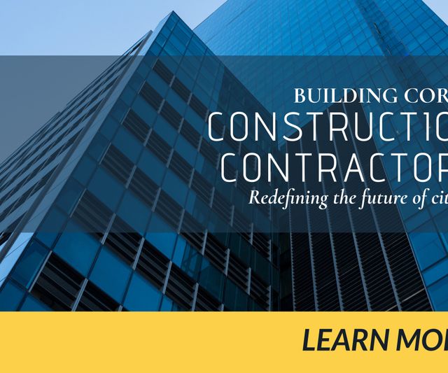 This image features a modern skyscraper with an overlay of construction contractors branding. It can be used for construction company advertisements, urban development promotions, real estate brochures, corporate profiles, or architecture presentations. The image’s sleek design and modern look make it suitable for corporate campaigns emphasizing innovation and future growth.