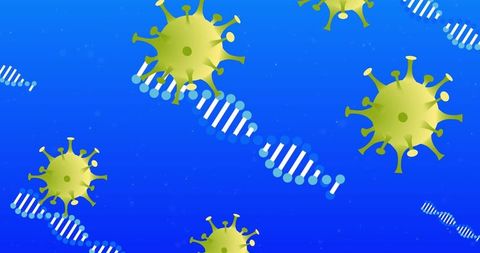 Digital Virus Particles and RNA Strands Floating in Blue Space