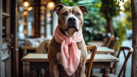 Charming pitbull dog on rustic patio wearing pink scarf