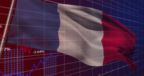 French Flag with Financial Data Overlay and Digital Grid