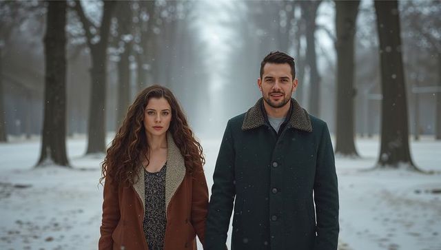 Couple Walking Along Snowy Park Path in Winter Attire