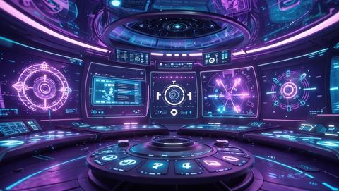Futuristic spacecraft command center with holographic displays
