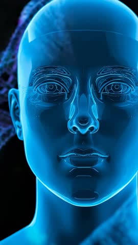 Animating translucent blue 3D head pulsing linework rotating DNA helix vertical video