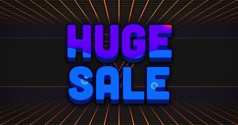 Huge sale 3d neon text on retro futuristic grid background with blue glow