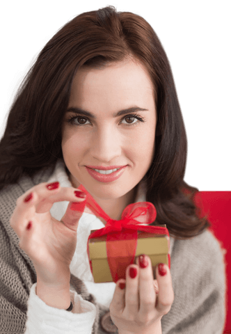 Smiling Woman Opening Small Gift on Transparent Background