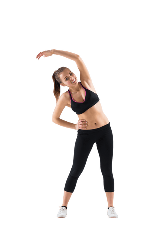 Transparent Energetic Woman Stretching Overhead and Smiling