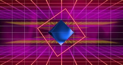 Futuristic grid and geometric shape in neon light
