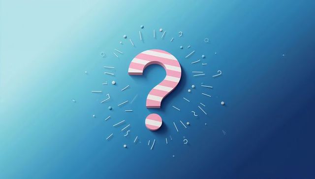Striped pink question mark floating on blue gradient backdrop with radiant dot halo