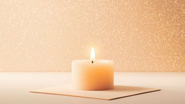 Minimalist Cream Pillar Candle Glowing on Peach-Gold Bokeh Backdrop for Calm Atmosphere