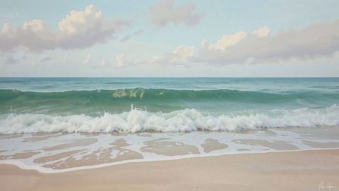 Tranquil ocean waves and serene sky on sandy beach