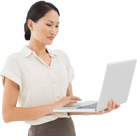 Confident Asian Businesswoman Using Laptop on Transparent Background - Download Free Stock Videos Pikwizard.com