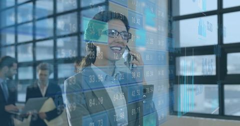 Business professionals analyzing digital global finance data