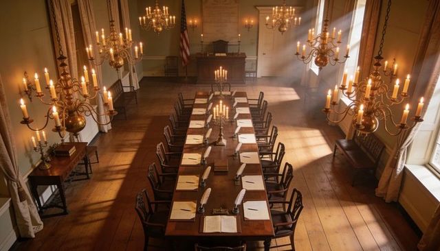 Historic council chamber with long wooden table, quill pens and glowing candelabras