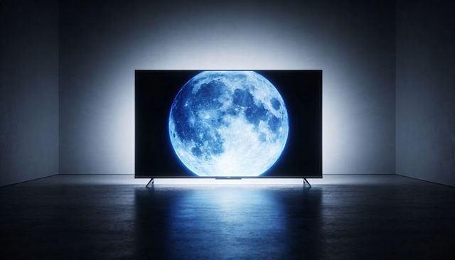 Ultra HD TV Display Showing Blue Moon with Halo Backlight Casting Reflective Glow Ambient