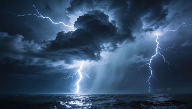 Dramatic cumulonimbus storm sending jagged lightning strikes over choppy ocean at night