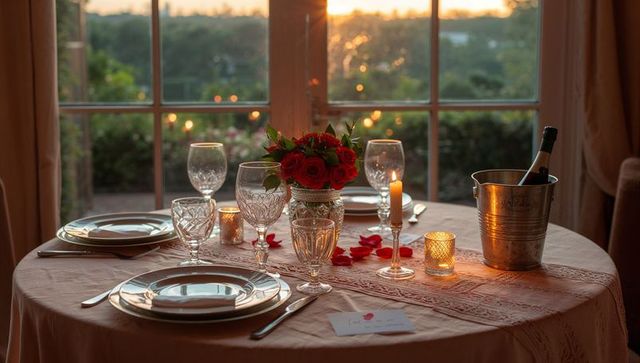 Romantic candlelit dinner table for two with red roses and crystal glassware at sunset