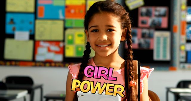 Confident Young Girl With Backpack Showing Girl Power Message - Download Free Stock Images Pikwizard.com