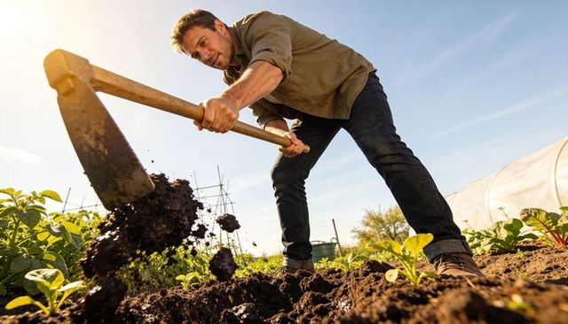 Man Digging Rich Soil with Shovel in Sunny Vegetable Garden near Polytunnel and Seedlings