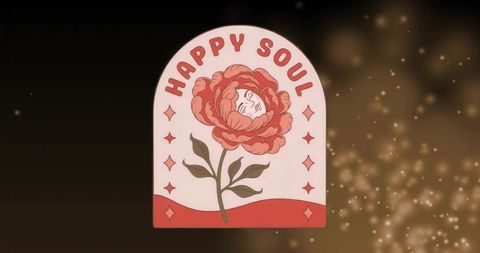 Abstract arched artwork with flower face and happy soul text