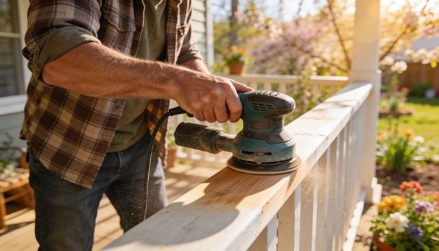 Sanding wooden porch railing with orbital sander on sunny backyard deck renovation