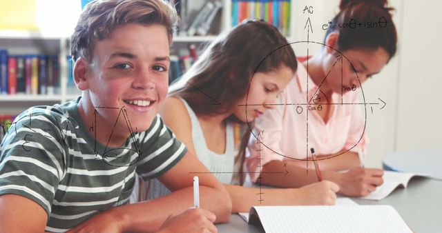 Three teens at a school library estudooties equations with focus and concentration. This could be used for educational content, tutoring services, or promoting academic services and resources.