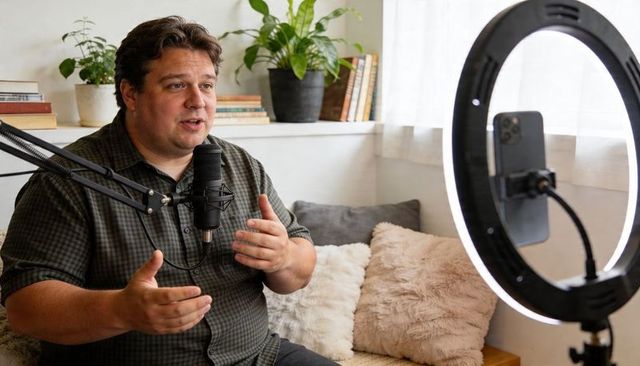 Male podcaster recording in cozy home studio with ring light, smartphone, condenser microphone