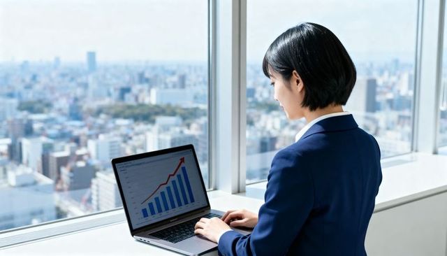 Businesswoman analyzing laptop growth chart by highrise office window overlooking city skyline