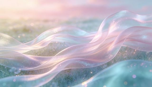 Pastel pearlescent ribbons drifting over dewy meadow with ethereal sparkle and bokeh