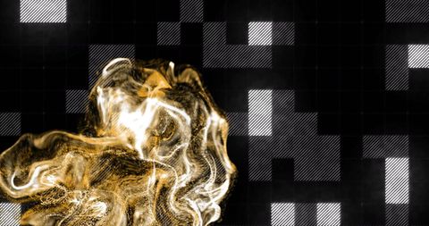 this abstract image features swirling light trails overlaying a black and white geometric background, creating a futuristic digital effect. ideal for tech-themed graphics, presentations, or as a captivating background for websites, lending an innovative and modern aesthetic.