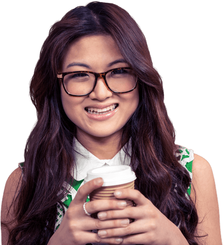 Smiling Woman Holding Coffee Cup on Transparent Background