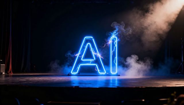 Glowing neon ai letters on dark stage with smoke and electric sparks