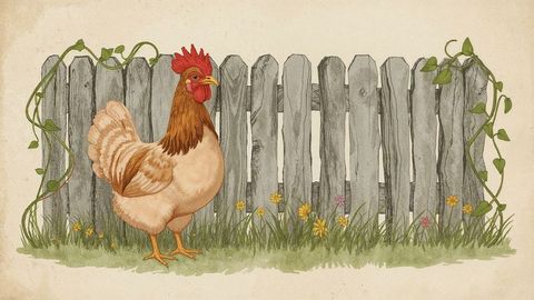 Cartoon chicken beside rustic picket fence in pastoral farmyard
