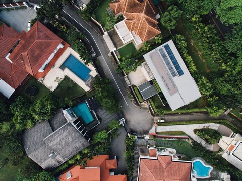 Aerial View of Suburban Neighborhood with Modern and Traditional Houses
