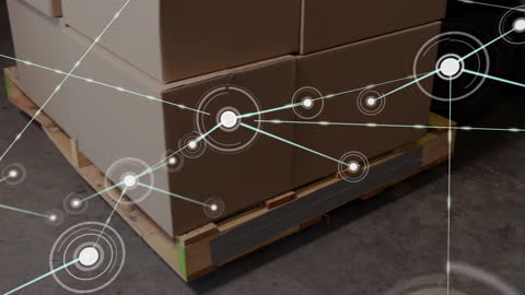 Digital Network Connections Overlaying Stacked Boxes in Warehouse
